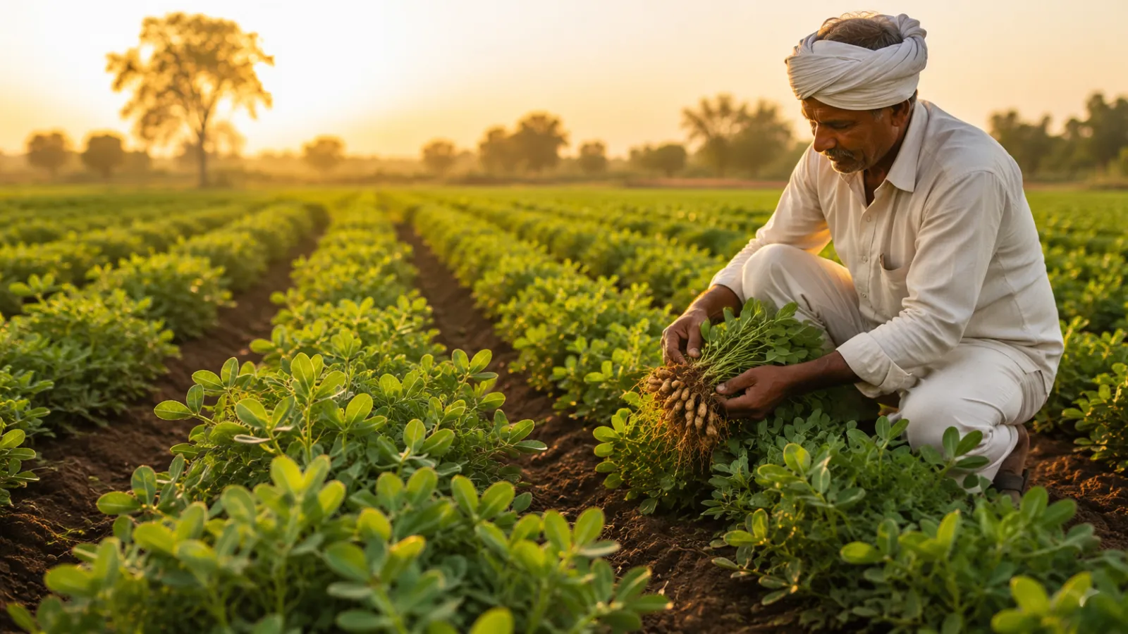 Farmer harvesting groundnuts at farm