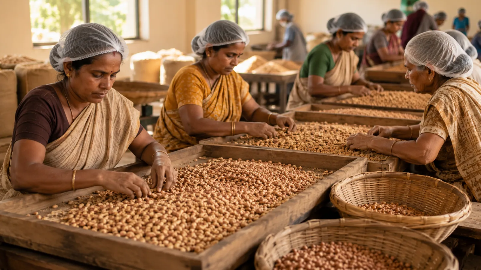 Workers grading and cleaning peanuts by hand